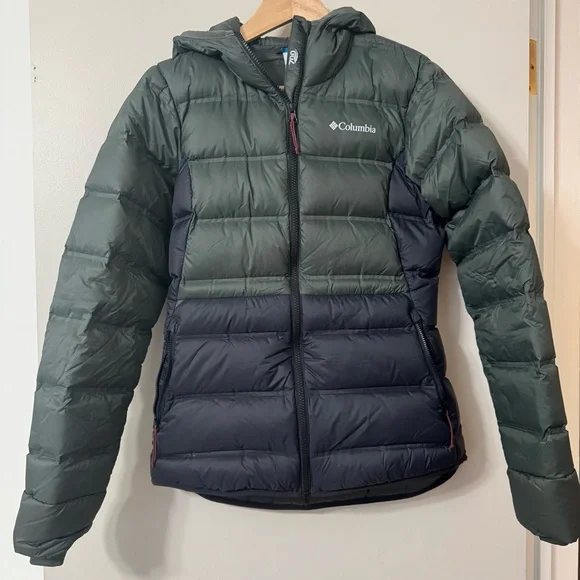 Columbia Pebble Peak Green and Black Down Hooded Jacket - Picture 1 of 5